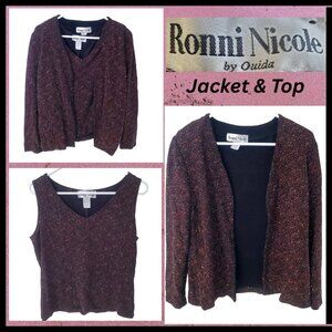 Vintage Ronni Nicole Open Front Jacket Cami Twinset Size L Stretch Sparkle Event